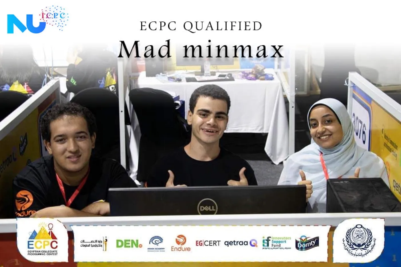 Three team members at a contest desk under an "ECPC qualified · Mad minmax" banner