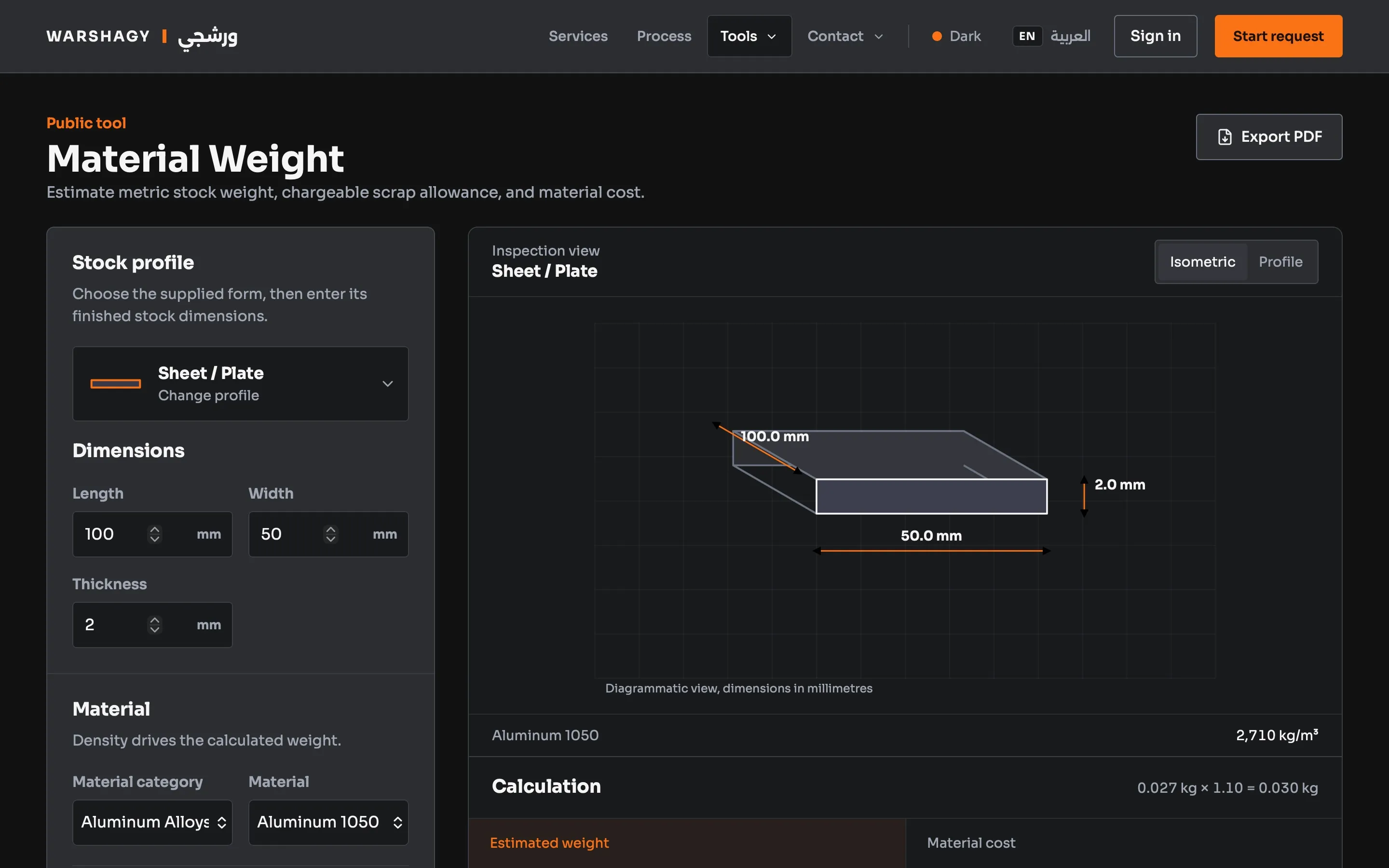 The Material Weight calculator with an isometric inspection view