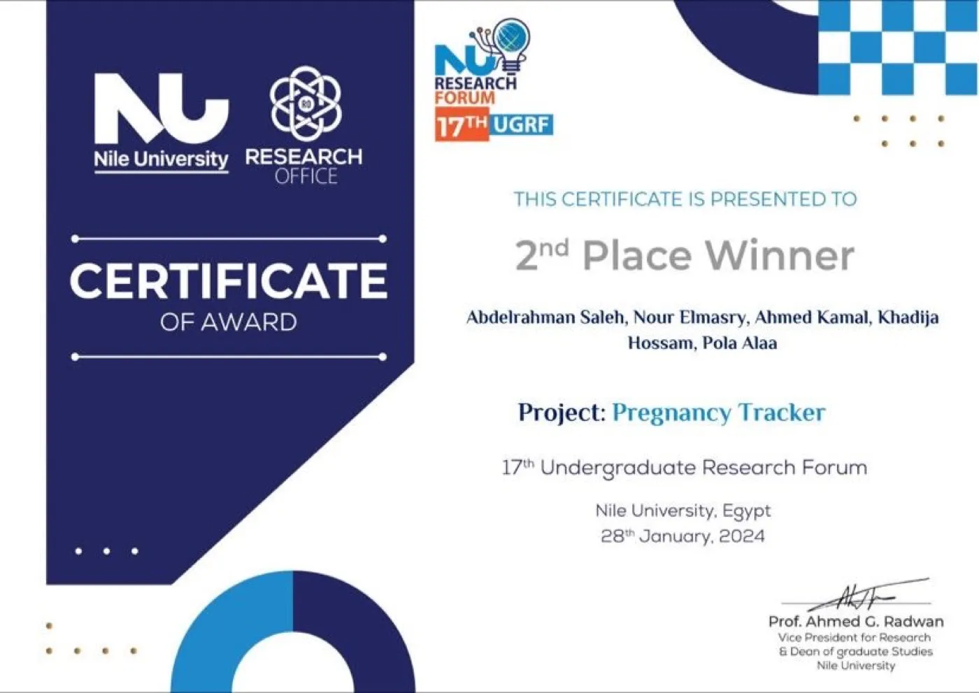 Certificate of award, 2nd place winner, 17th Undergraduate Research Forum