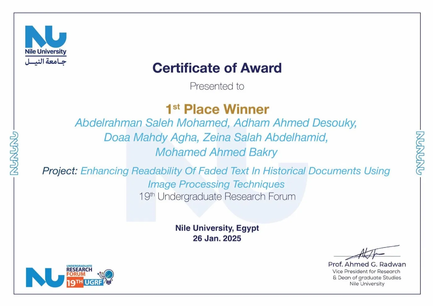 Certificate of award, 1st place winner, 19th Undergraduate Research Forum
